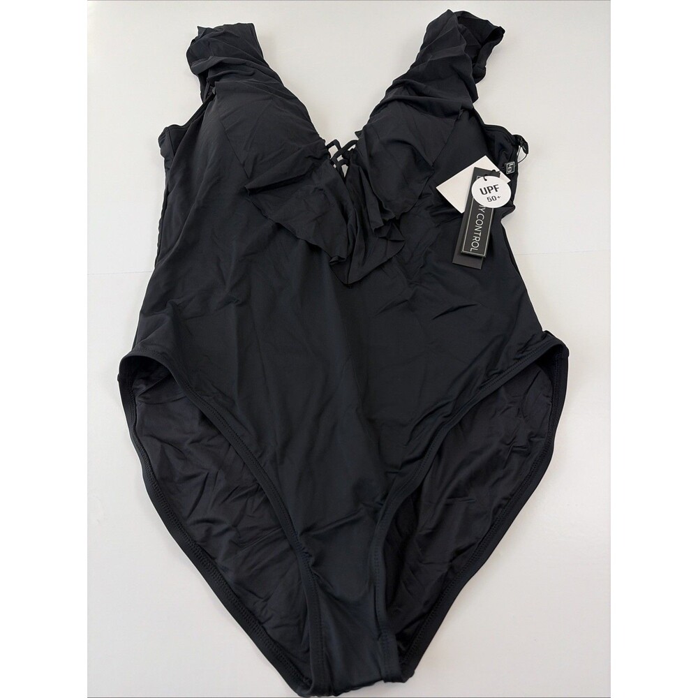 La Blanca Black Ruffled V Neck One Piece Swimsuit Size 16